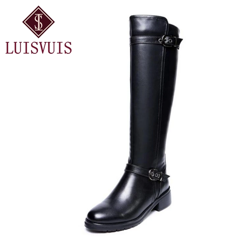 

LUISVUIS Women Real Leather Flats Boots Women Winter Plush Buckle Fur Knee Boots Zipper Fashion Shoes Women Footwear Size 33-43