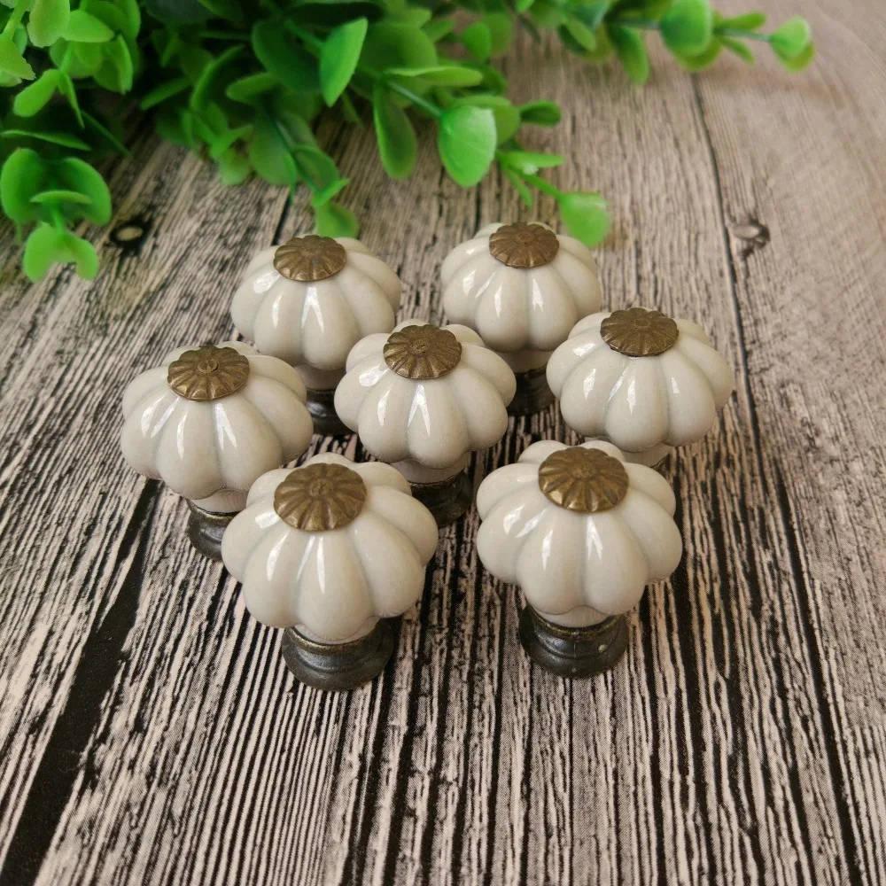 Set of 10 Pieces Ceramic & Metal Grey Pumpkin Drawer Pulls and Knobs Handmade Designer High Base Cabinet Handles and Knobs