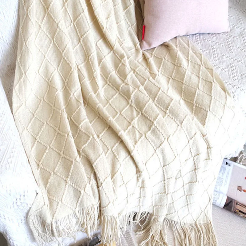 Nordic Solid Throw Blanket Geometric Plaid Sofa Leisure Knitted Covers Towel Cobertor Tassel Multifunction Blankets For Bed
