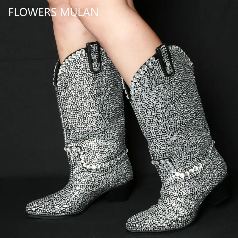 

2018 New Designers Bling Glitter Crystal Embellish Western Boots Pointed Toe 5cm Chunky Heel Fashion Show Botas Woman Shoes