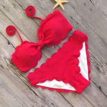 2018 New Bow Bikini Scalloped Solid Swimsuit Women Pink Red Black Swimwear May Beach Bathing Suit Sexy Swim Wear Micro Biquini