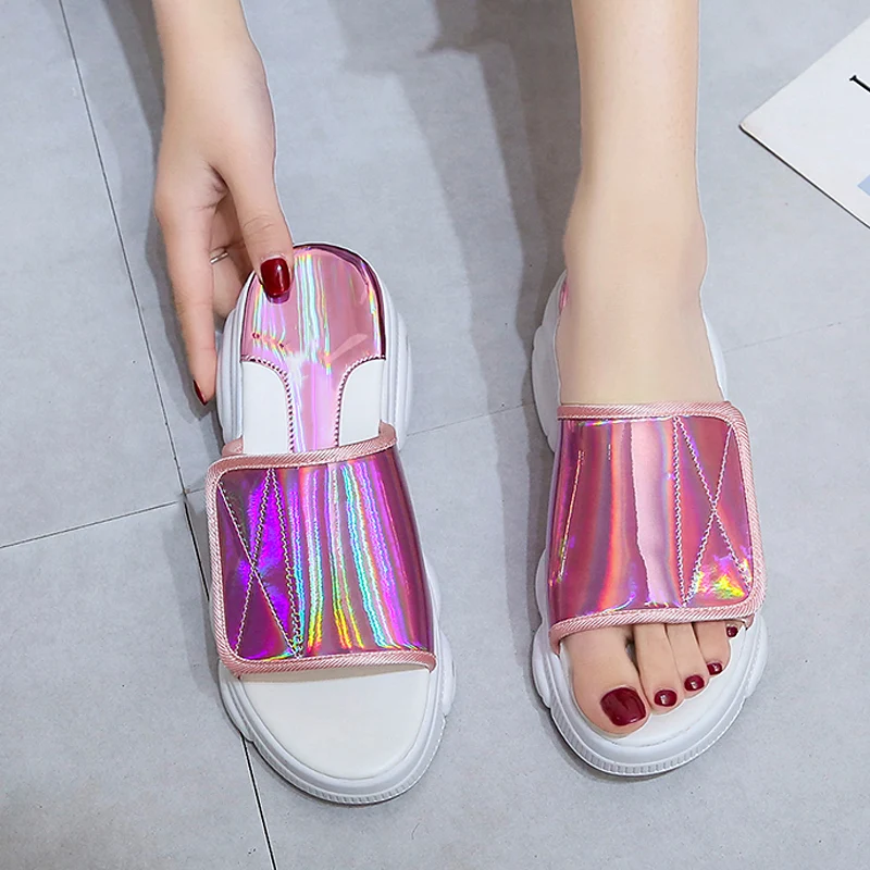 

Laser Women Summer Platform Slippers Bling Beach Slides Women Shoes Comfortable Middle Heel Slide Sandals Flip Flops Dropship