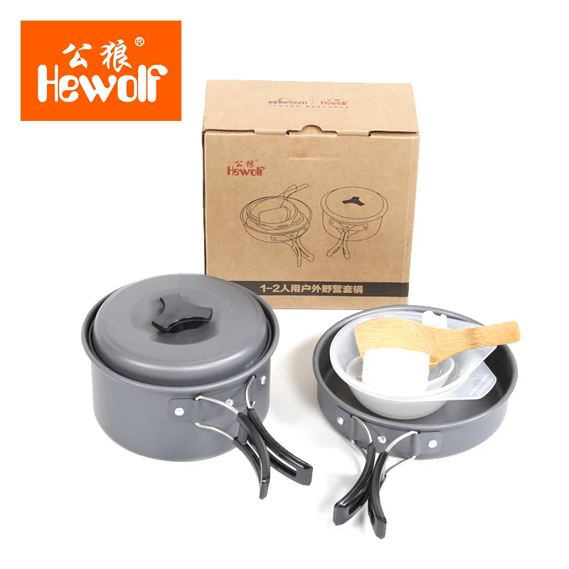 

HEWOLF 1-2 Persons Outdoor Camping Tableware Cookware Backpacking Picnic Foldable Handles Travel Tableware Bowl Pot Pan Cooker