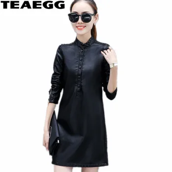 

TEAEGG Black Dress Women Robe Pull Femme Hiver 2020 Autumn Dresses For Women Clothing Long Sleeve PU Leather Dress FamaleAL1565