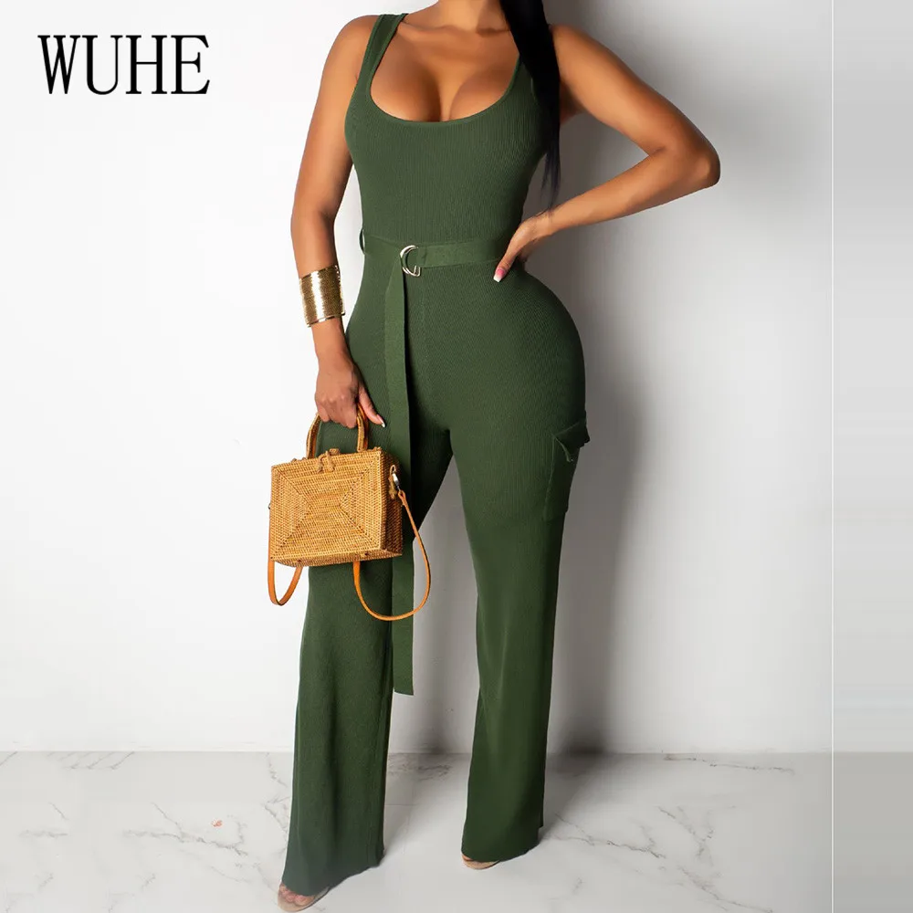 WUHE Urban Casual Fashion Women's Belt Pitted Jumpsuits Elegant Bodycon Bandage Loose Playsuits Femme Summer Macacao Feminino WUHE Urban Casual Fashion Women's Belt Pitted Jumpsuits Elegant Bodycon Bandage Loose Playsuits Femme Summer Macacao Feminino
