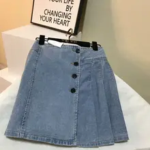 Новая весенняя женская Ретро Однорядная плиссированная юбка с пряжкой корейские женские студенческие короткие джинсовые юбки