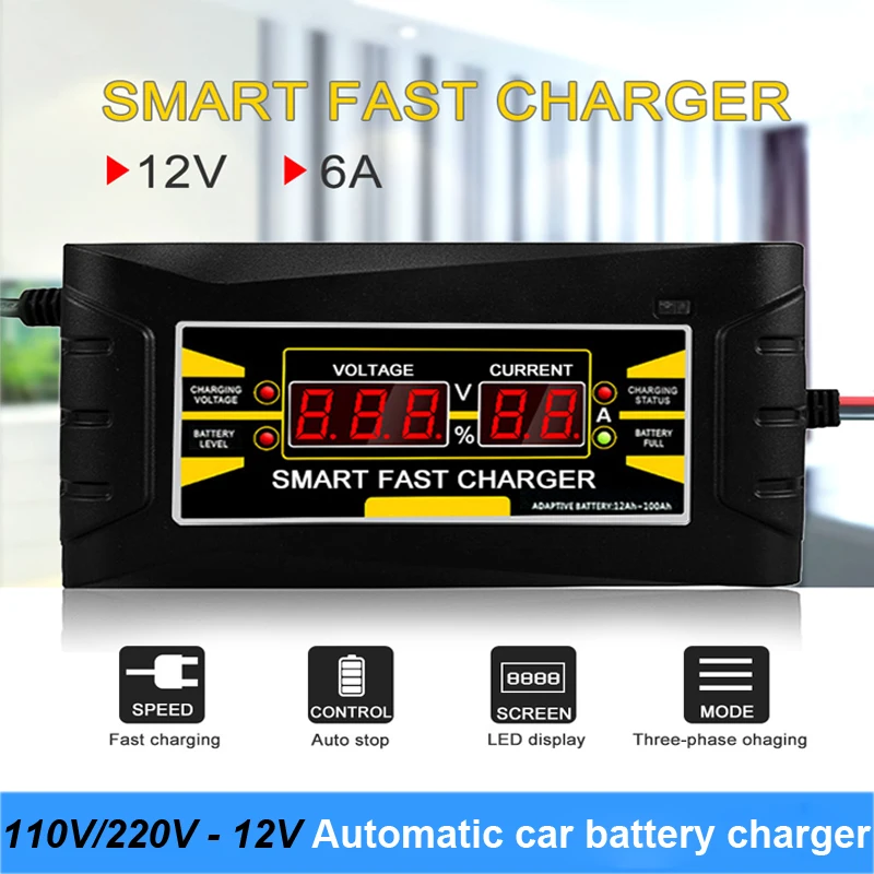 

Full Automatic Car Battery Charger 110V/220V To 12V 6A 10A Smart Fast Power Charging Suitable for car motorcycle battery