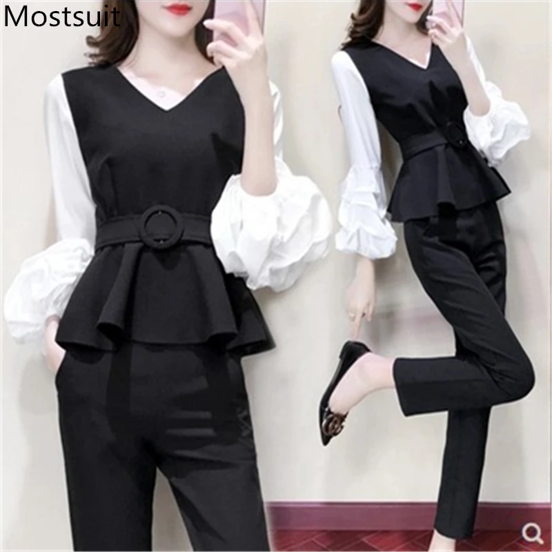 

Black Two Piece Set Women Puff Sleeve Tops With Belt+pants Sets Spring Autumn Casual Office Elegant 2 Piece Set Women's Clothing