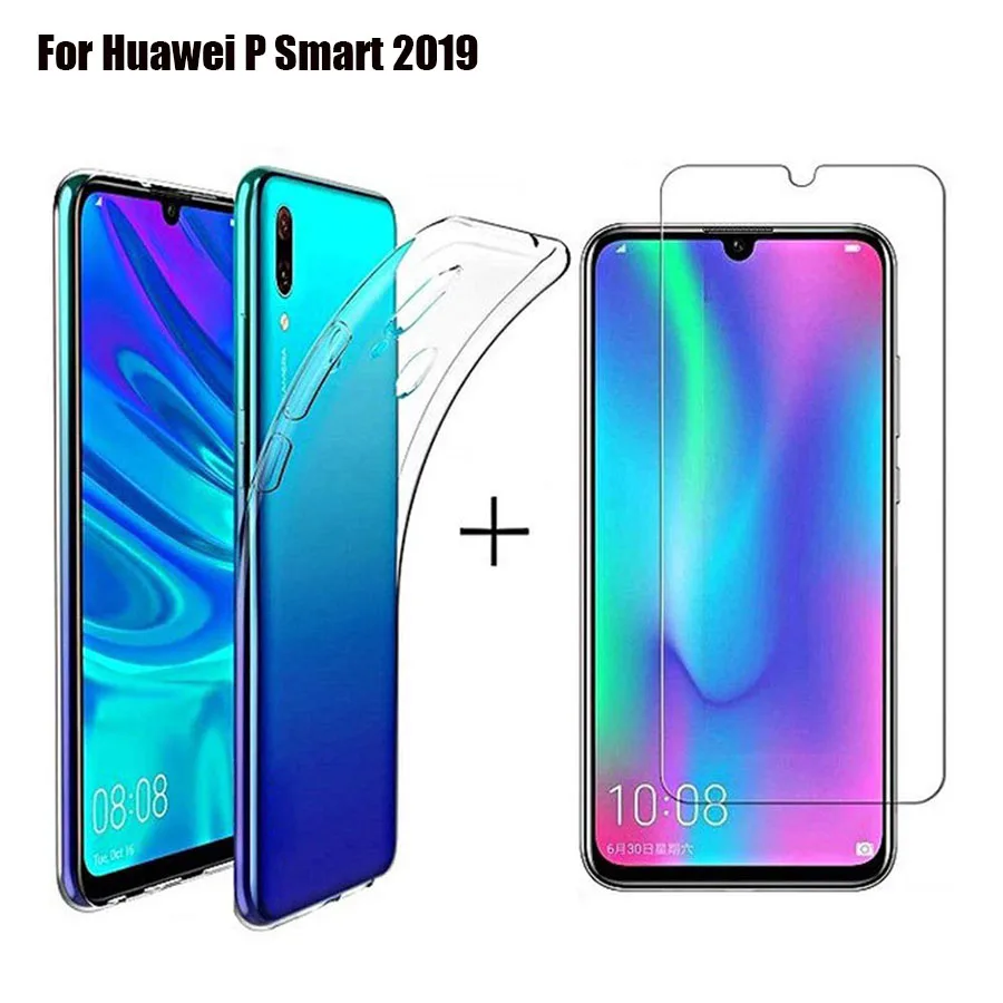 

2.5D 9H Protective Full Cover Tempered Glass Screen Protector + Phone Soft TPU Clear case for Huawei P Smart 2019
