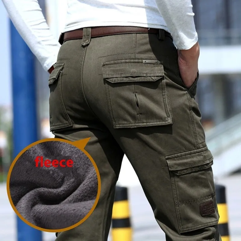

Male Winter Fleece Lining Thermal Straight Pant Outdoor Sports Climbing Cycling Camping Thick Warm Multi-pocket Overalls Trouser