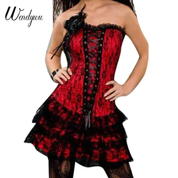 

Wendywu New Fashion Sexy Strapless Lace Up Women Black Lace Patchwork Red Bodycon Corset