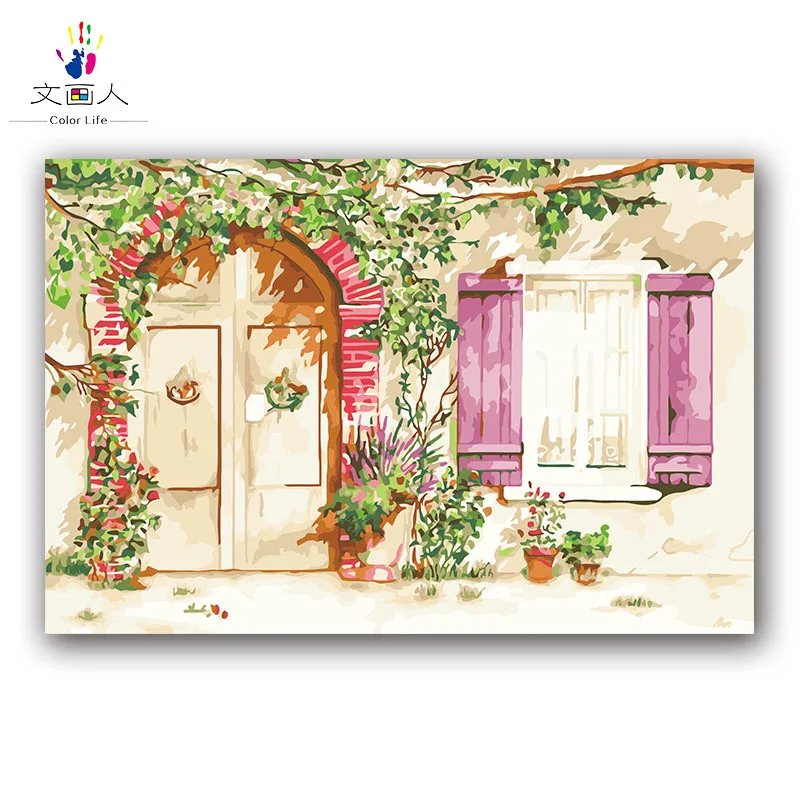 

Still life house garden picture diy digital oil painting by numbers with kits package Coloring by numbers canvas draw for kids