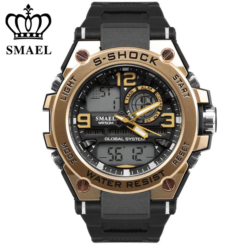 Shock Luxuly Men's Wrist Watch Gold Digital Watch Man Waterproof 50m LED Clock Man Big Dial Watch Man Sport Watch Clock