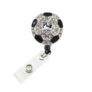 

50pcs/lot Rhinestone Soccer Ball Rugby Shape Retractable ID Badge Reel