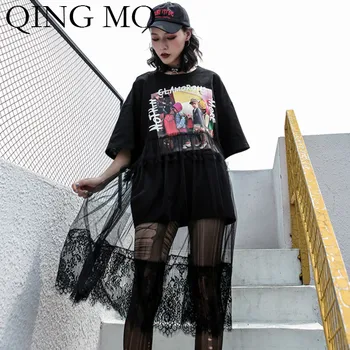 

QING MO Black Character Print Mesh Patchwork Dress Fake Two Pieces Set Women Short Sleeve Mid-Calf Long Dress ZQY996