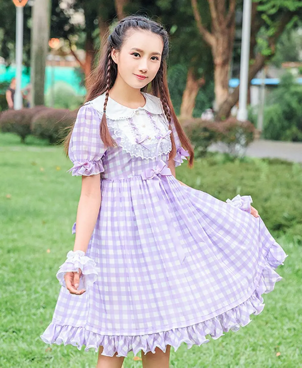 Cute Lolita Plaid Checks Dress Girls Japanese Bows Short Sleeve Peter