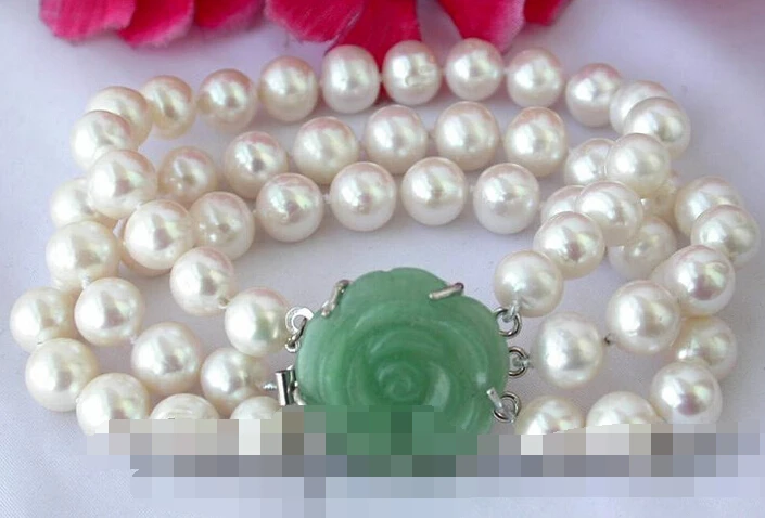

Hot sell Noble- FREE SHIPPING>>>@@ > 09364 3row round white freshwater pearl bracelet jade