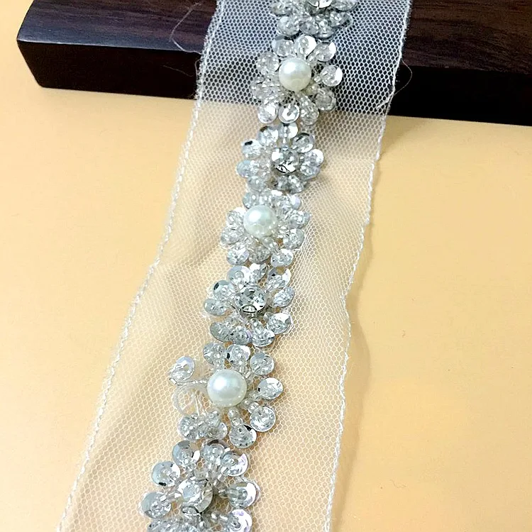 

2Yards Handmade Sliver Beads Lace Rhinestones Sequined White Mesh Ribbon Applique Sewing Accessories Crafts For Wedding Dresses