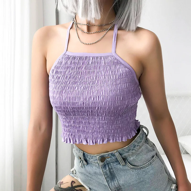 

YYXZ Summer Fashion Cute Sexy Slim Pleated SML Backless Thin Fabric Purple Woman Casual Short Skinny Halter Camis Lady Crop Top