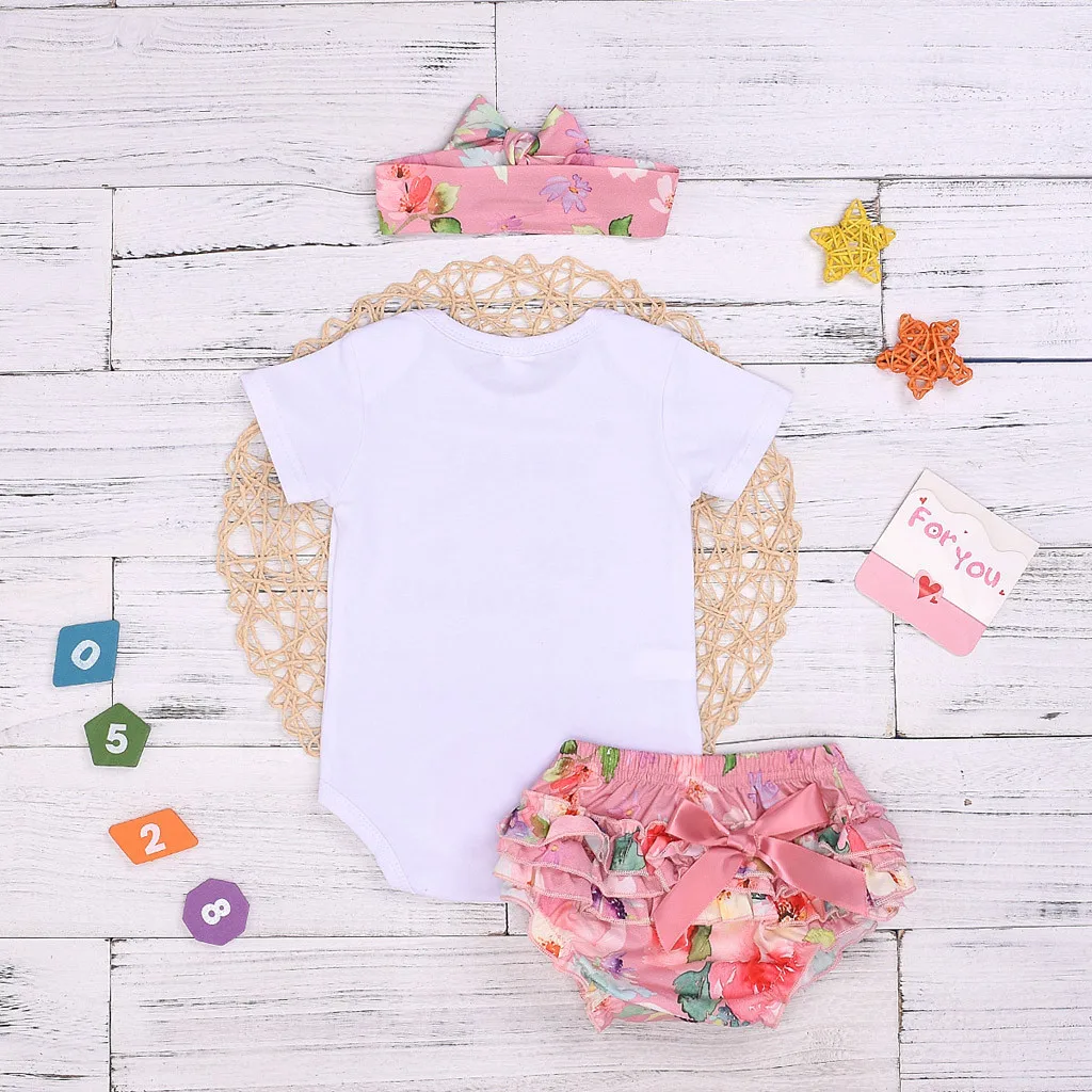 Infant Baby Girl Letter Print Romper Bodysuit+ Floral Short+ Headband Outfit#4