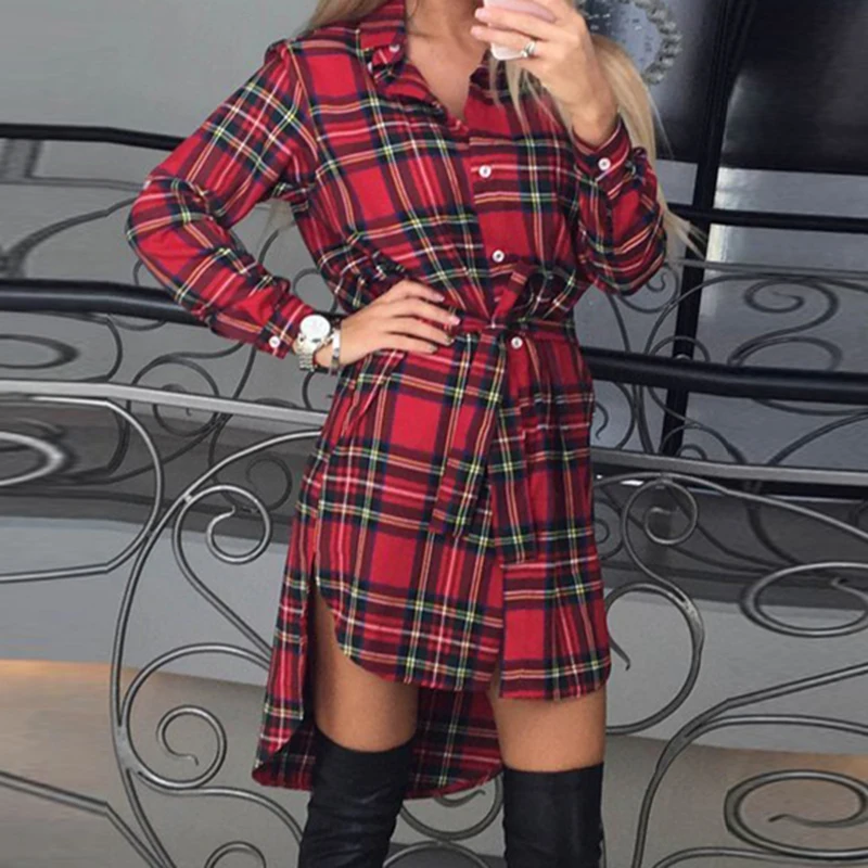 Fashion Women Blouses Long Sleeve Plaid Shirts Turn Down Collar Shirt Casual Ladies Tops Tunic Feminine Irregular Blouses LJ5932