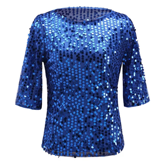 Sequined Bling Shiny Blouse Women Fashion Half Sleeve Loose Summer Tops