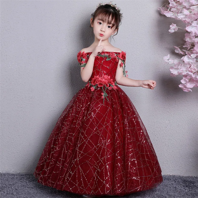 

High-Quality Children Girls Luxury Shoulderless Embroidery Flowers Birthday Wedding Party Princess Long Dress Teens Piano Dress