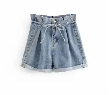 

HCBLESS Flower waist high waist tie with two buckles rolled denim shorts wide wide leg shorts