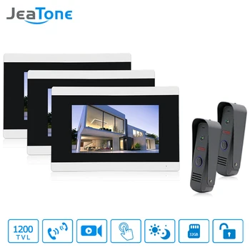 

Jeatone 7" Touch Screen Wired Video Door Phone Intercom Entry System 3 Monitors with 2 IR Outdoor Cameras Remote Control