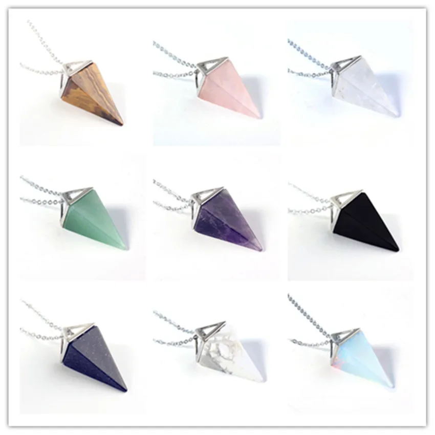 

Trendy-beads Silver Plated Various Color Quartz Stone Square Pyramid Pendulum Pendant Link Chain Necklace