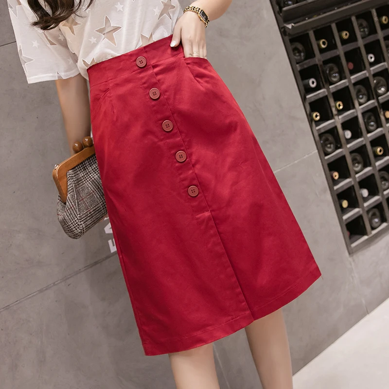 

Single-breasted Split Cotton Womens Skirt Back Elastic Waist Solid Color Knee-Length Pencil Skirts Casual Skirts Summer 2019