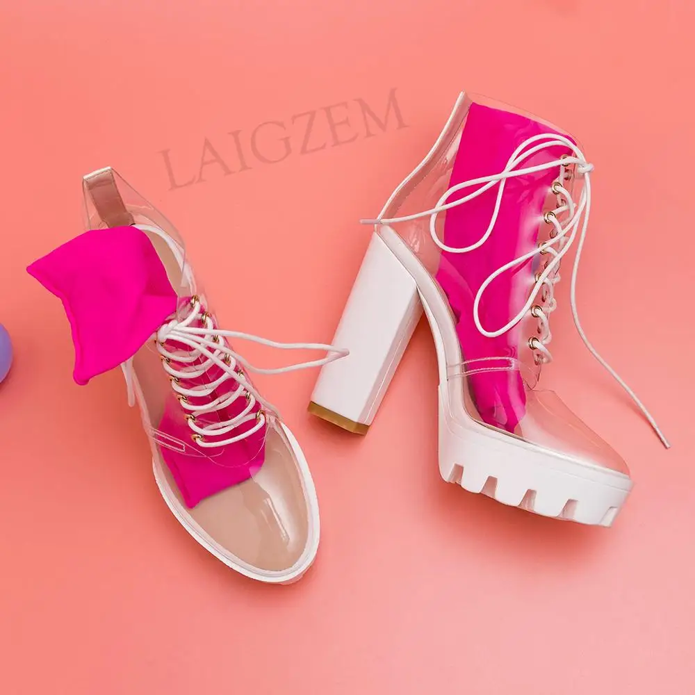 LAIGZEM FASHION Women SUMMER Transparent Clear Ankle Boots Chunky Heels Short Boots Ladies Botines Mujer Small Big Size 33-41 (12)
