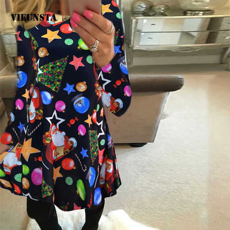 

VIEUNSTA Autumn Winter Christmas Dress 2018 New Year Festival Family Party Dress Women Snowflake Print Dress Vestidos Plus 5XL