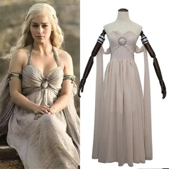 

New Hot Cosplay Daenerys Targaryen Costume A Song of Ice and Fire Game Of Thrones Costume Long Halter Dress Halloween Costumes