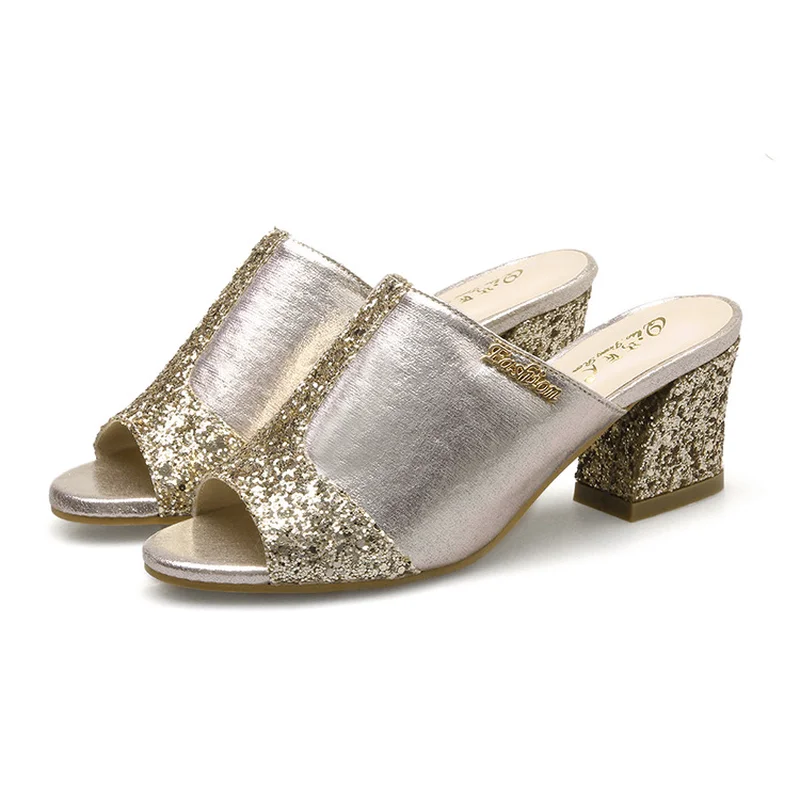 

QIAOJINGRENWomen sandals 2019 Bling fashion square heel summer lace slippers women sexy Hollow sandals for women size 35-41