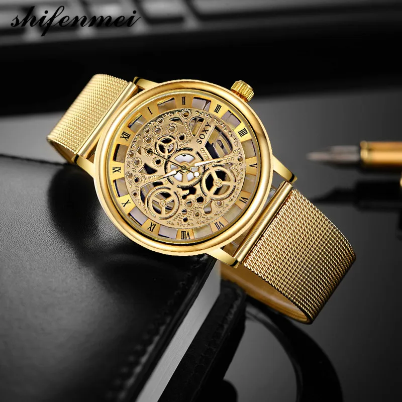 

New Luxury Skeleton Watches Men Watch Fashion Gold Wrist Watch Men Steel Mesh Men's Watch relogio masculino relojes para hombre