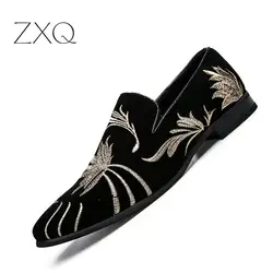 Итальянский дизайн, мужская обувь, кожаные лоферы, мужская повседневная обувь на плоской подошве, черная вышивка, цветочные Мокасины