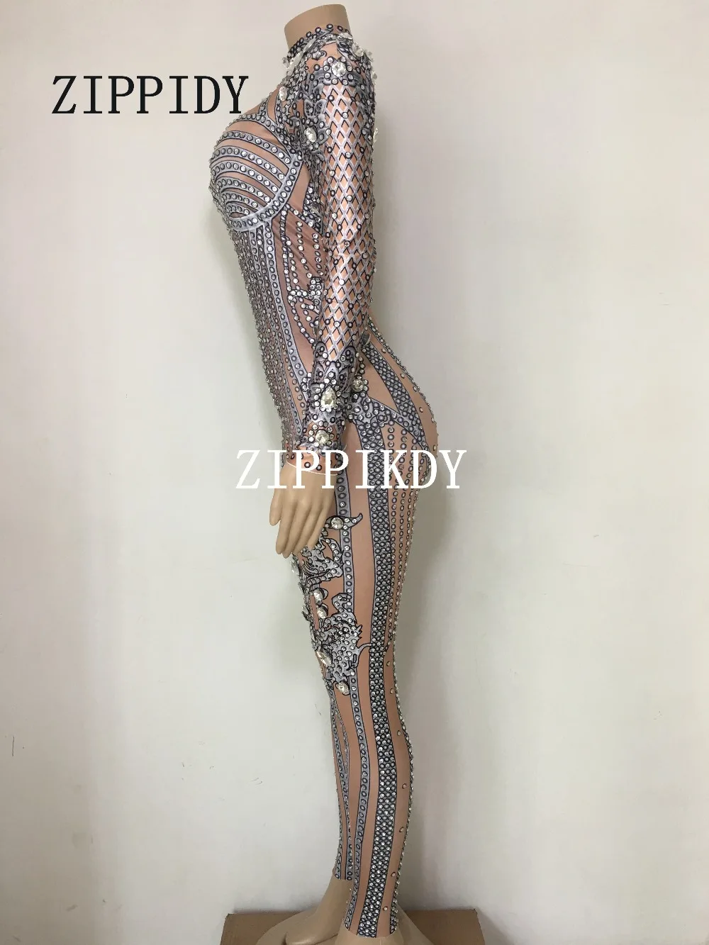 Fashion Silver Sparkly Rhinestones Jumpsuit  Bodysuit Women's Performance Party Celebrate luxurious Costume Dance Clothing