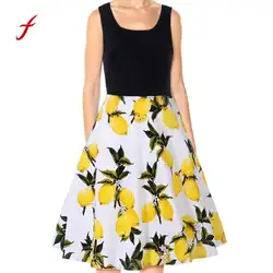 Летнее женское винтажное платье без рукавов вечерние с принтом лимона
