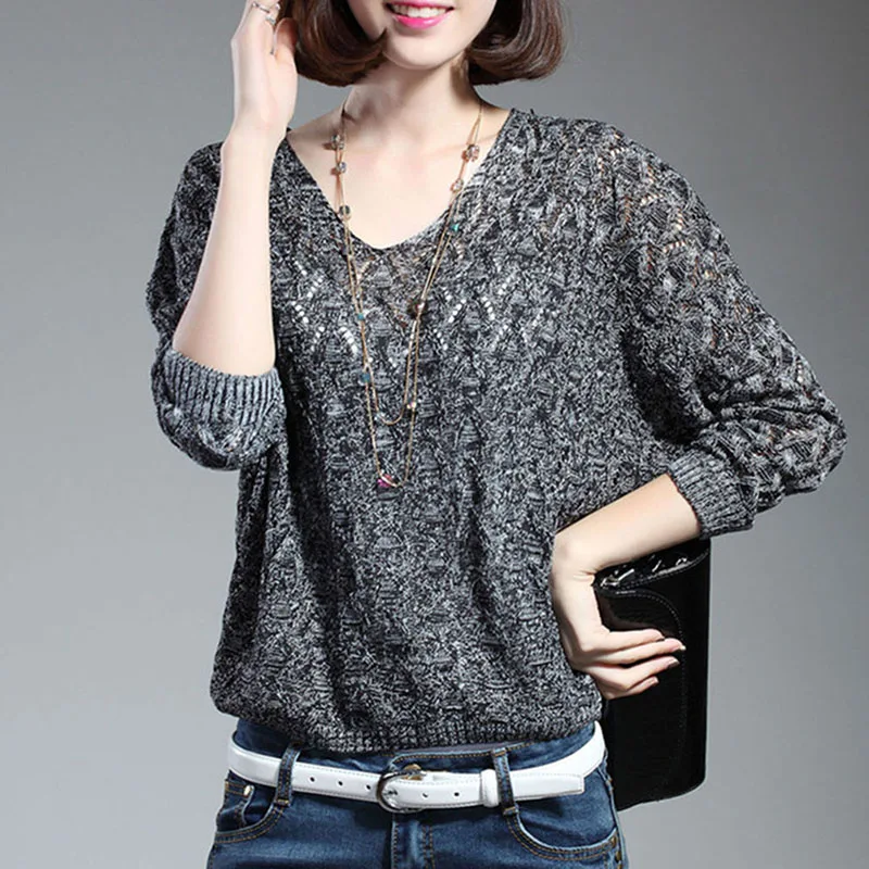 New Fashion Jerseys Women Sweaters Pullovers Casual Tops V-Neck Loose Batwing Sleeve Hollow Out Thin Knitted Sweater Women's | Женская
