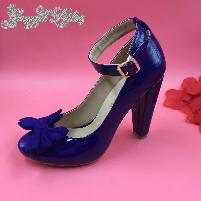 Blue Patent Leather Women Pumps Ankle Strap Bowknot Square High Heel Round Toe Graceful Ladies Shoes Real Image Ladies Pumps