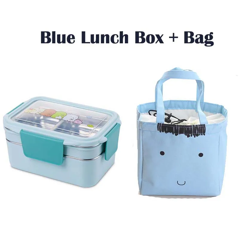 Картонный Ланч-бокс для детей, японский 304 из нержавеющей стали, Bento box, герметичный детский Ланч-бокс, контейнер для еды, 1400 мл - Цвет: Blue Lunch Box x Bag