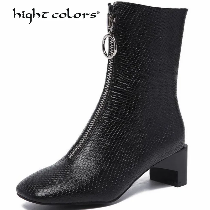 

Fashion Women Mid-Calf Boots Autumn Winter Warm Genuine Leather High Heels Shoes Woman Square Toe Cross-tied Motocycle Boots