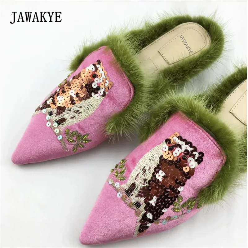 Buy 2017 Embroidered Fur Slipper Woman Pointed Toe