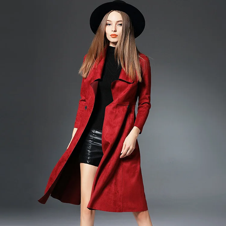 AYUNSUE/осенне-зимняя замшевая ветровка для женщин, элегантный длинный Женский Тренч с лацканами, черный, красный, верхняя одежда casaco feminino LX2016 - Цвет: wine red