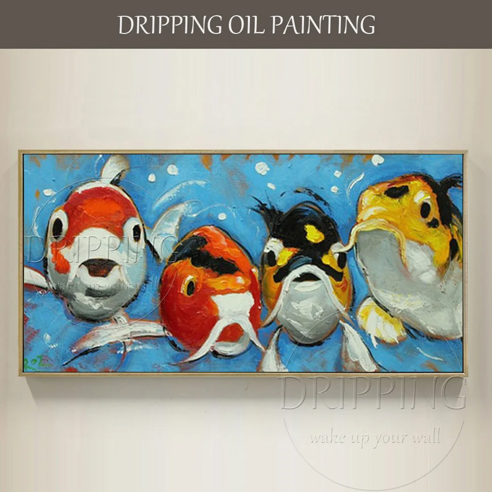 

Artist Hand-painted New Design Funny Cute Animal Golden Fish Oil Painting on Canvas Modern Goldfish Oil Painting for Living Room
