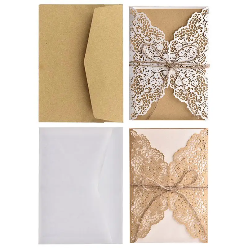  10pcs/set Hollow Lace Wedding Party Invitation Cards With Kraft Paper Inner Sheet Envelopes Hemp Ro - 33029663254