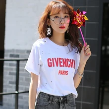 Summer new fashion letter printing short sleeve T shirt college wind loose hole bottoming shirt