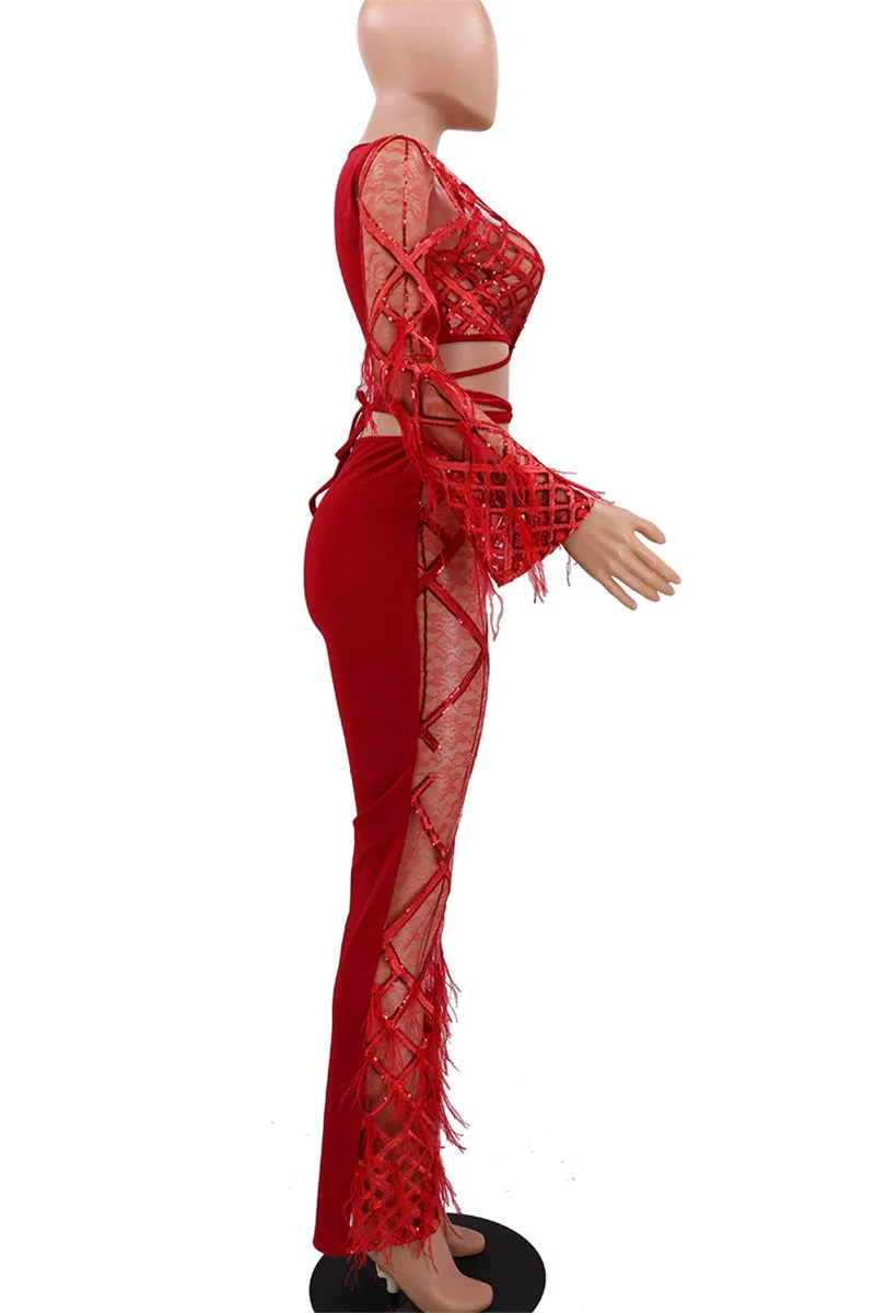 Women's Sexy Clubwear Two Piece Set - Adogirl Feather Lace Sequins Sheer Mesh Deep V Neck Bell Sleeve Lace Up Crop Top and Flare Pants Outfit image 5
