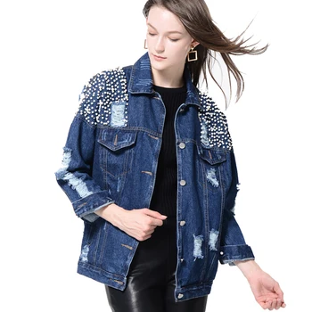 

Motor Style Beading Rivet Designed Denim Jacket Autumn Winter Women Turn-down Collar Single Breasted Hole Jeans Coat FS0498